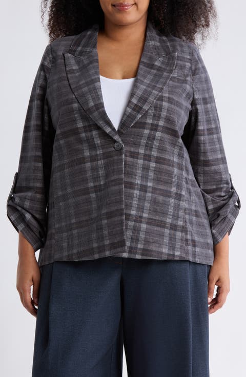 Plaid Corduroy Roll Tab Blazer (Plus)