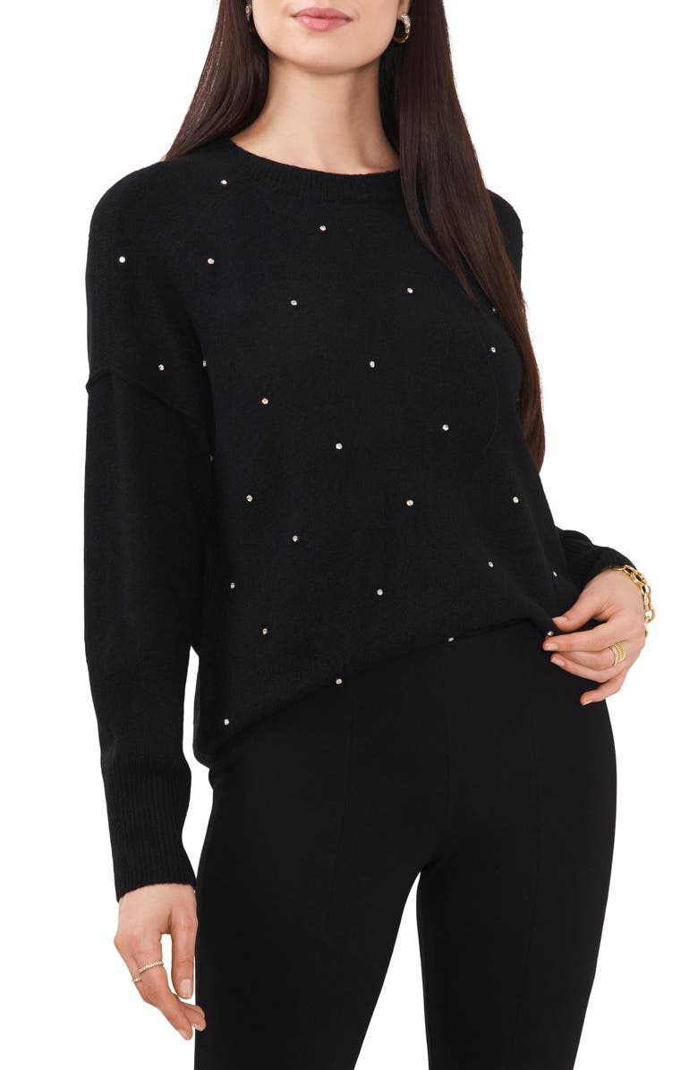 Chaus Rhinestone Cozy Crewneck Sweater, Main, color, Rich Black