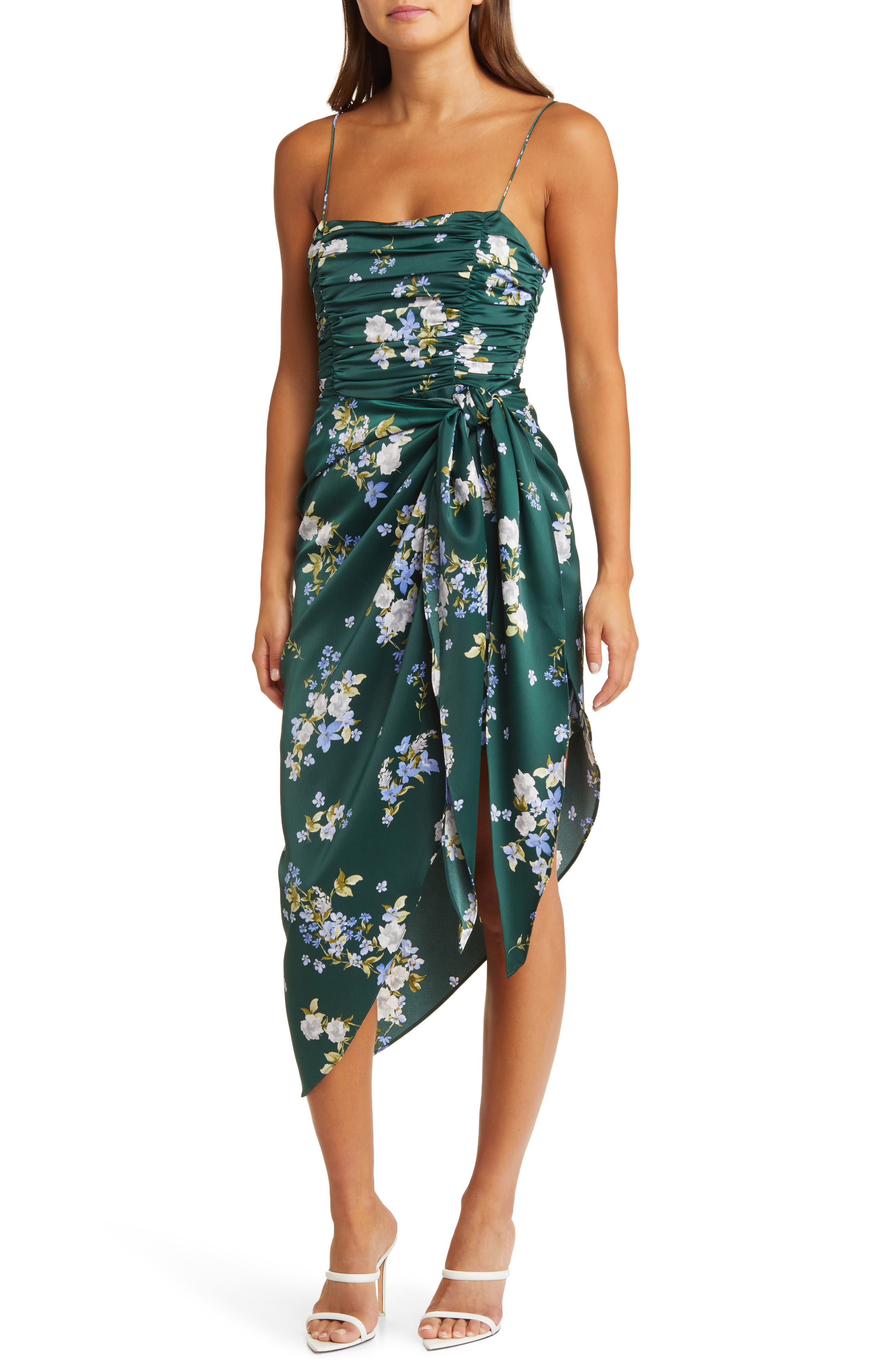 Ruched Bodice Satin Midi Dress
