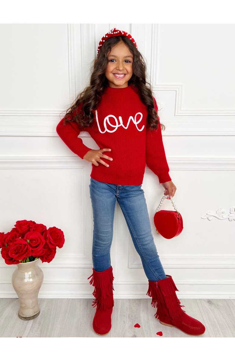 Mia Belle Girls Love At First Sight Embroidered Chunky Knit Sweater, Alternate, color, Red