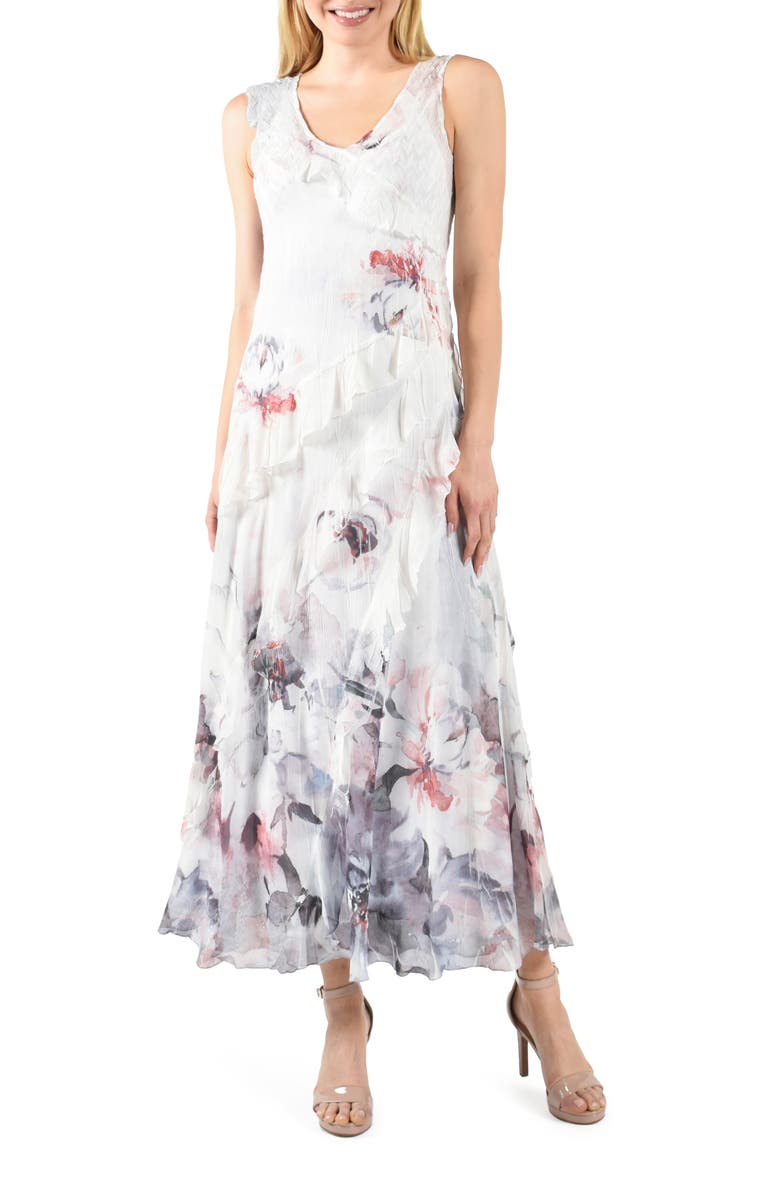 Komarov Ruffle Tiered Chiffon & Charmeuse Maxi Dress, Main, color,