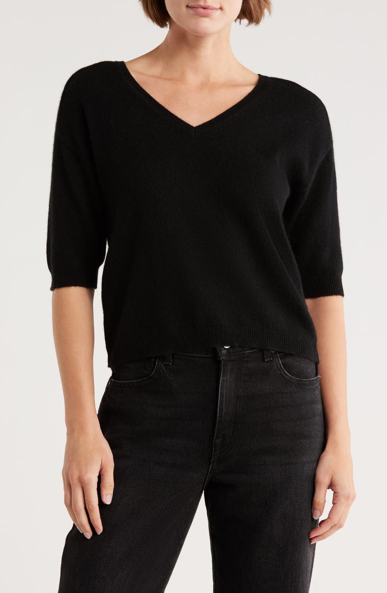 Magaschoni Cashmere V-Neck Elbow Sleeve Sweater, Main, color, Black