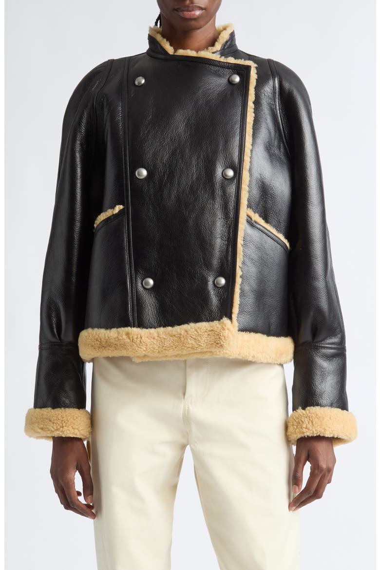 Kenny Genuine Shearling Trim Leather Coat, Main, color, BLACK GRANOLA
