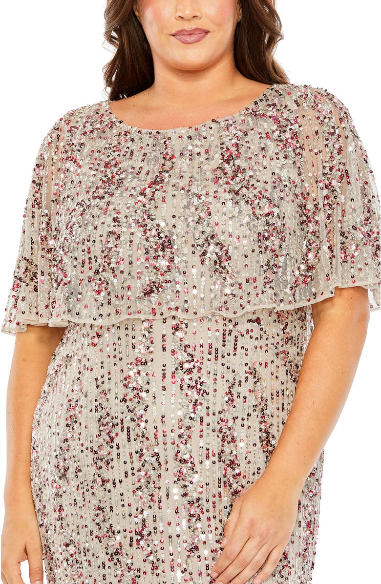 Mac Duggal High-Neck Sequin Embellished Dress with Semi-Sheer Cape Sleeves, Alternate, color, Taupe