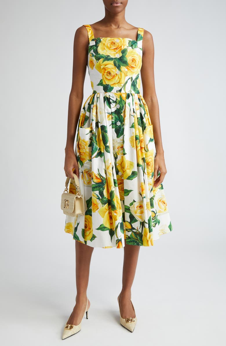 Dolce&Gabbana Rose Print Pleated Cotton Midi Dress, Main, color, Ha3qdrose Gialle F.b.nat