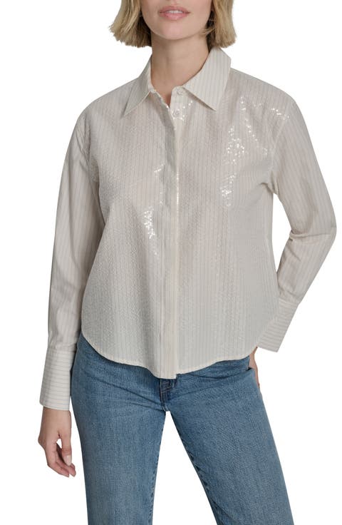Sequin Pin Stripe Button Front Shirt