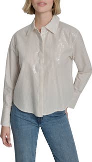 DKNY Jeans Sequin Pin Stripe Button Front Shirt