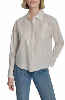 DKNY Jeans Sequin Pin Stripe Button Front Shirt