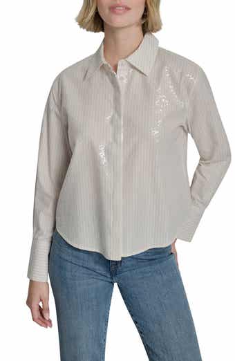 DKNY Jeans Sequin Pin Stripe Button Front Shirt