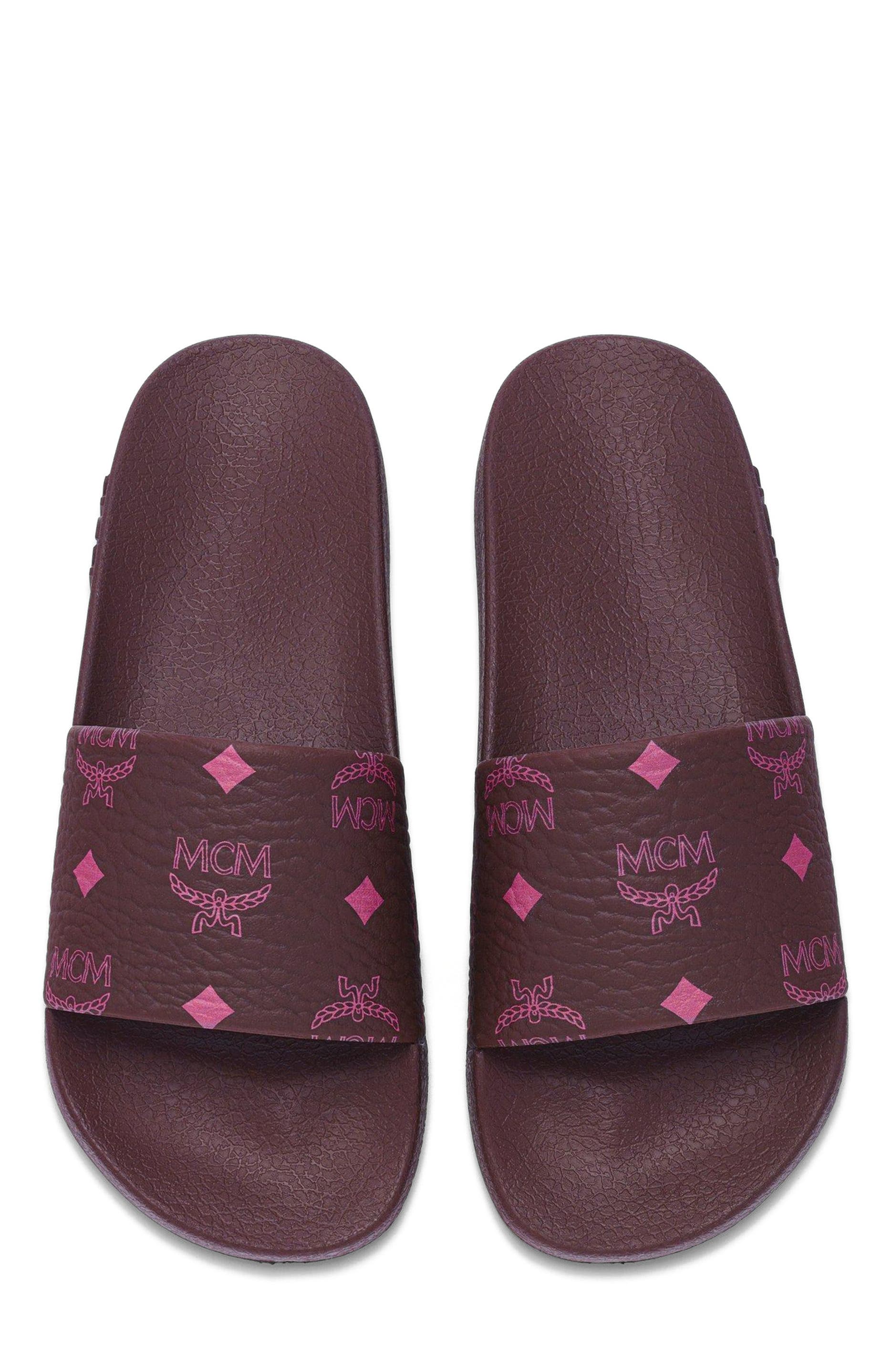 MCM Women's Monogram Print Rubber Slides, Alternate, color, Cinnamon