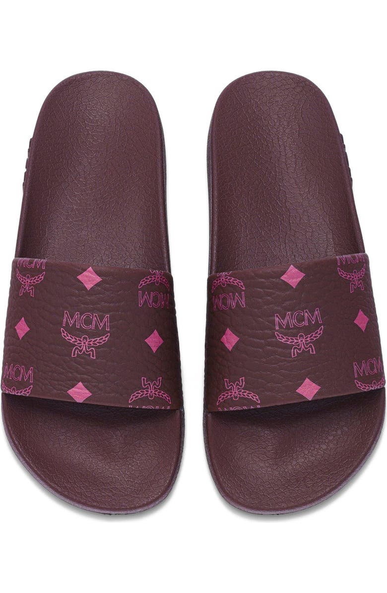 MCM Women's Monogram Print Rubber Slides, Alternate, color, Cinnamon