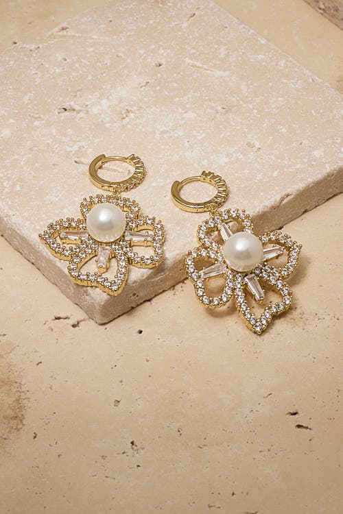 Untamed Petals Holly Pearl & Crystal Flower Drop Earrings In Gold