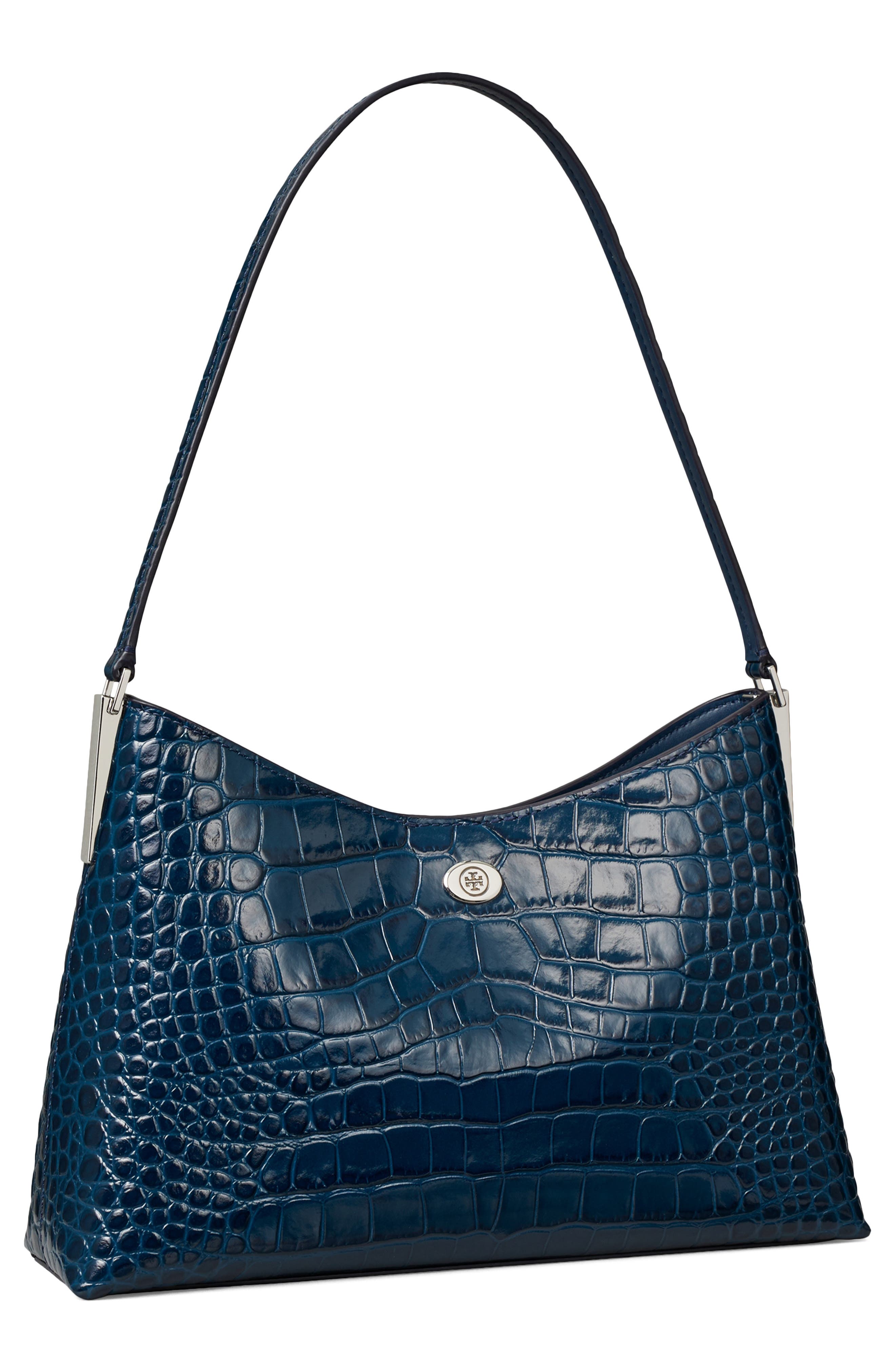 Tory Burch Small Robinson Croc Embossed Leather Shoulder Bag, Alternate, color, Twilight