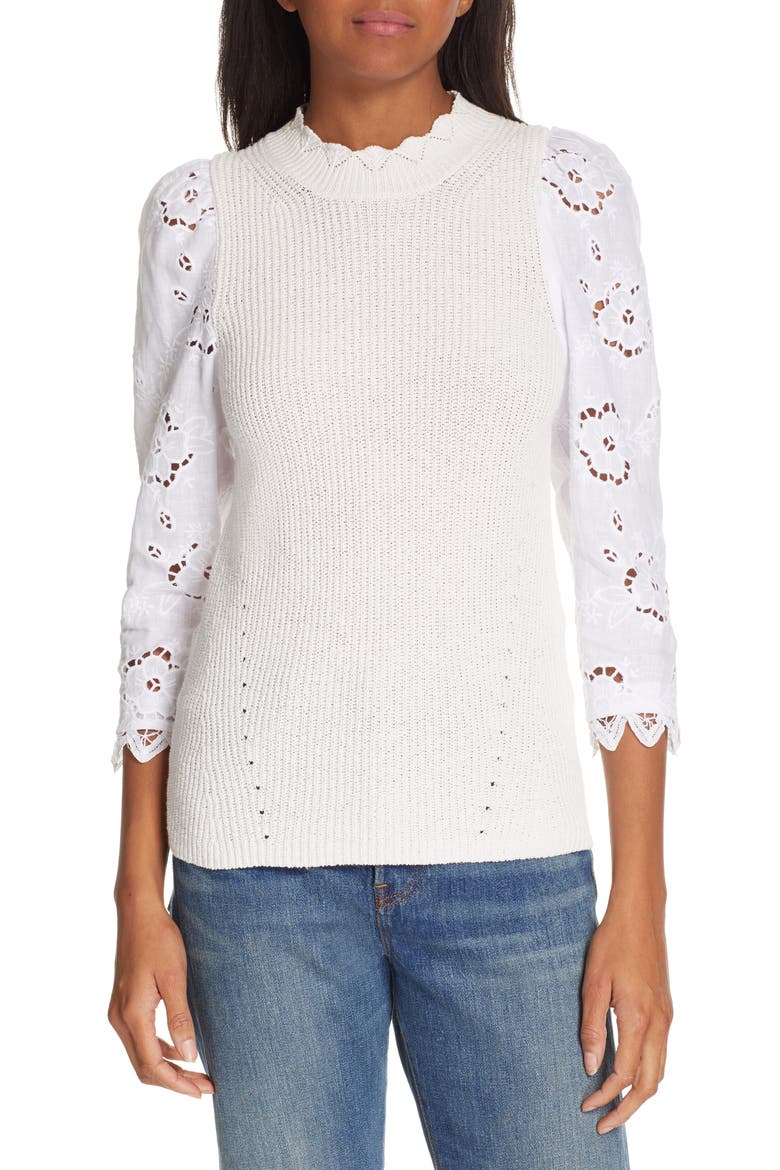 Mix Media Eyelet Sleeve Cotton Sweater, Main, color, WASHED PETAL