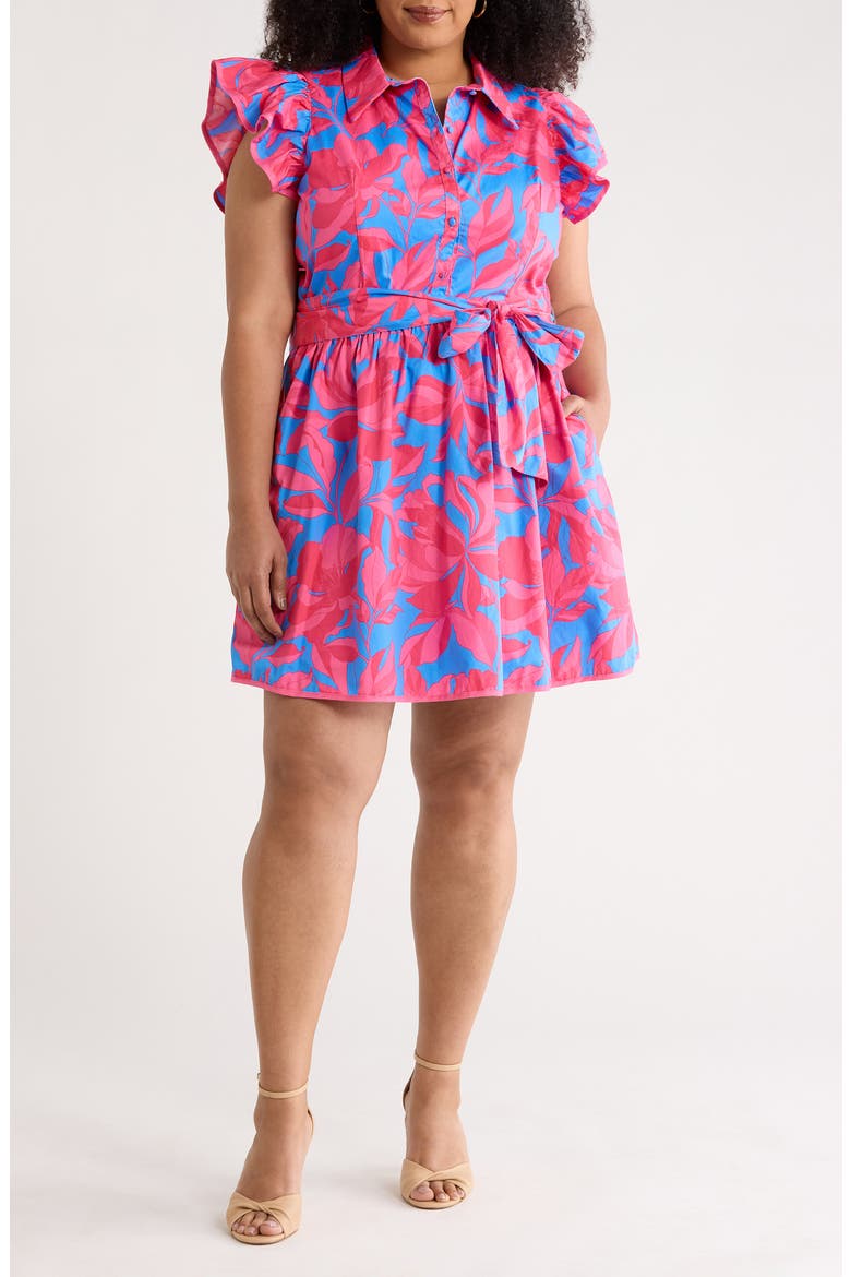 Maia Ruffle Tie Belt Cotton Dress, Main, color, PINK-BLUE