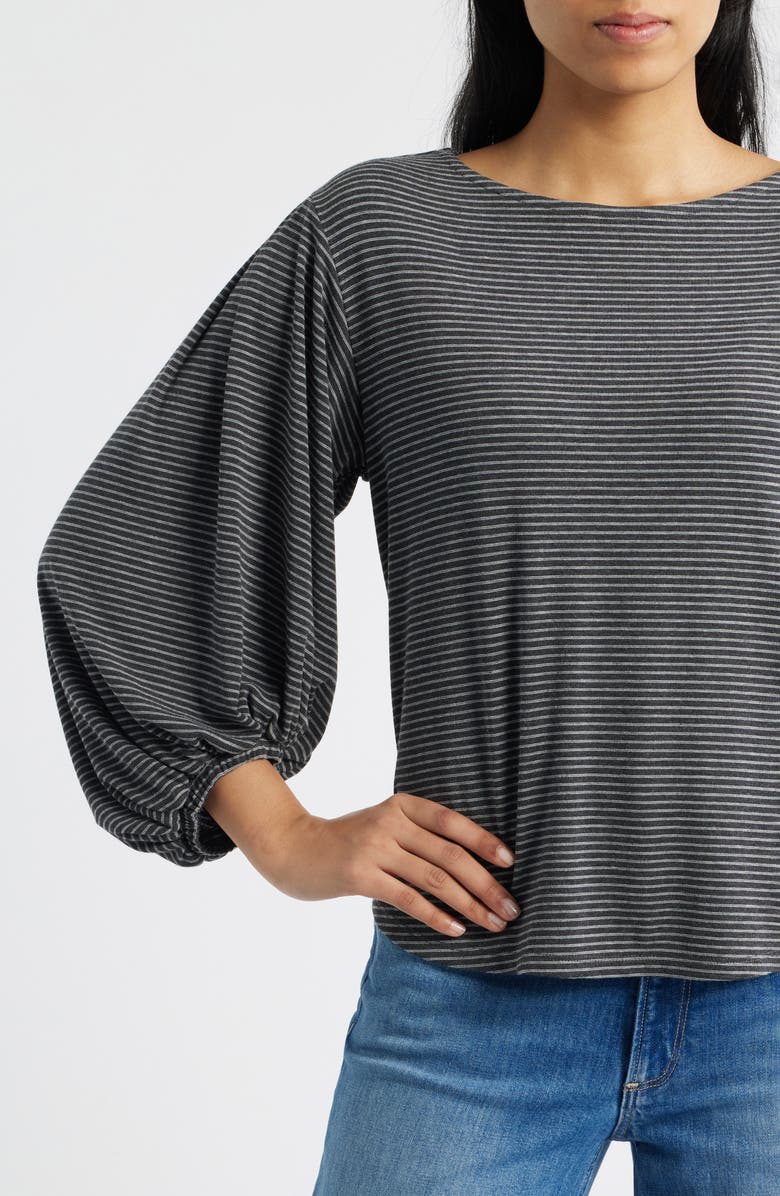 Wit & Wisdom Stripe Balloon Sleeve Knit Top, Alternate, color, Heather Charcoal