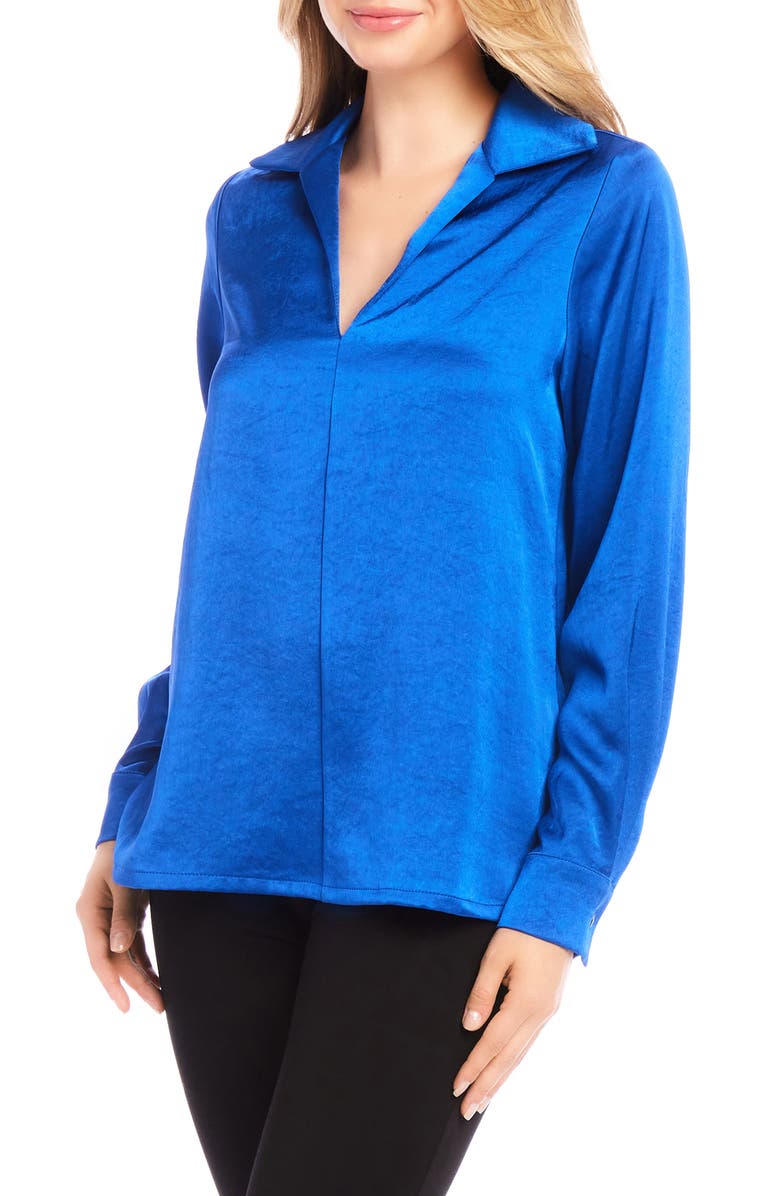 Karen Kane Satin Johnny Collar Popover Shirt, Alternate, color, Royal