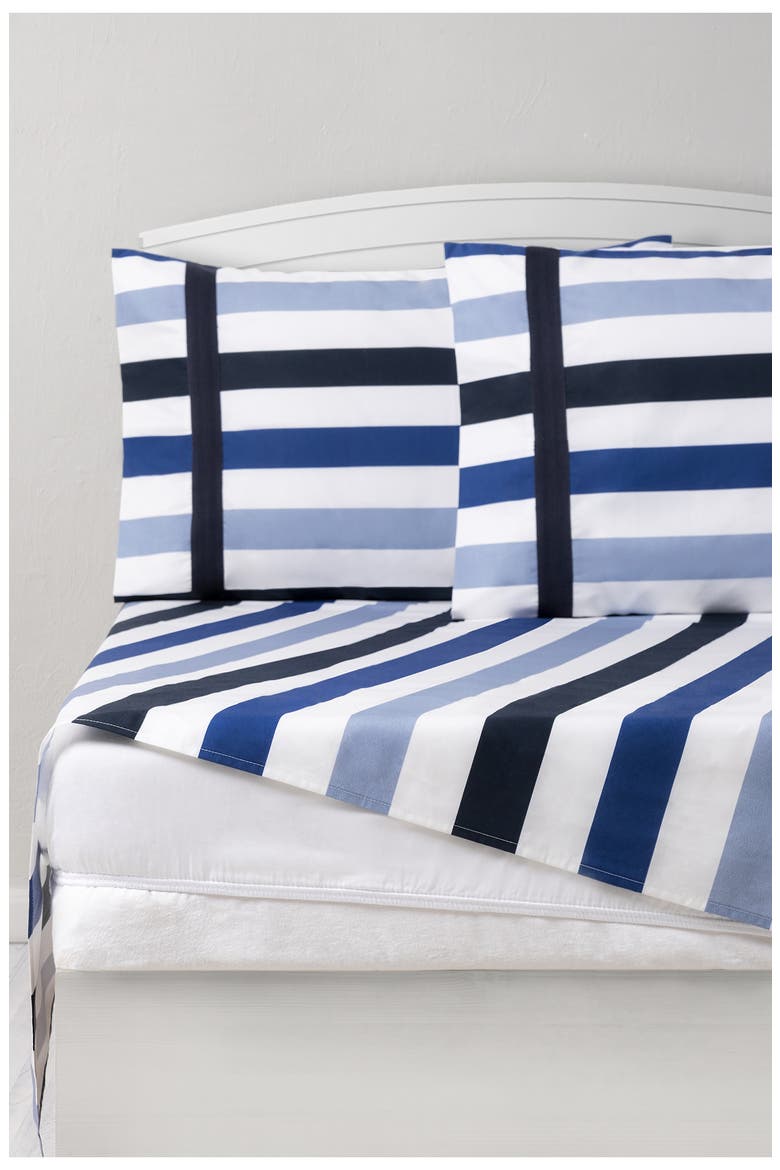 Awning Stripe Cotton Sateen Sheet Set, Alternate, color, BLUE