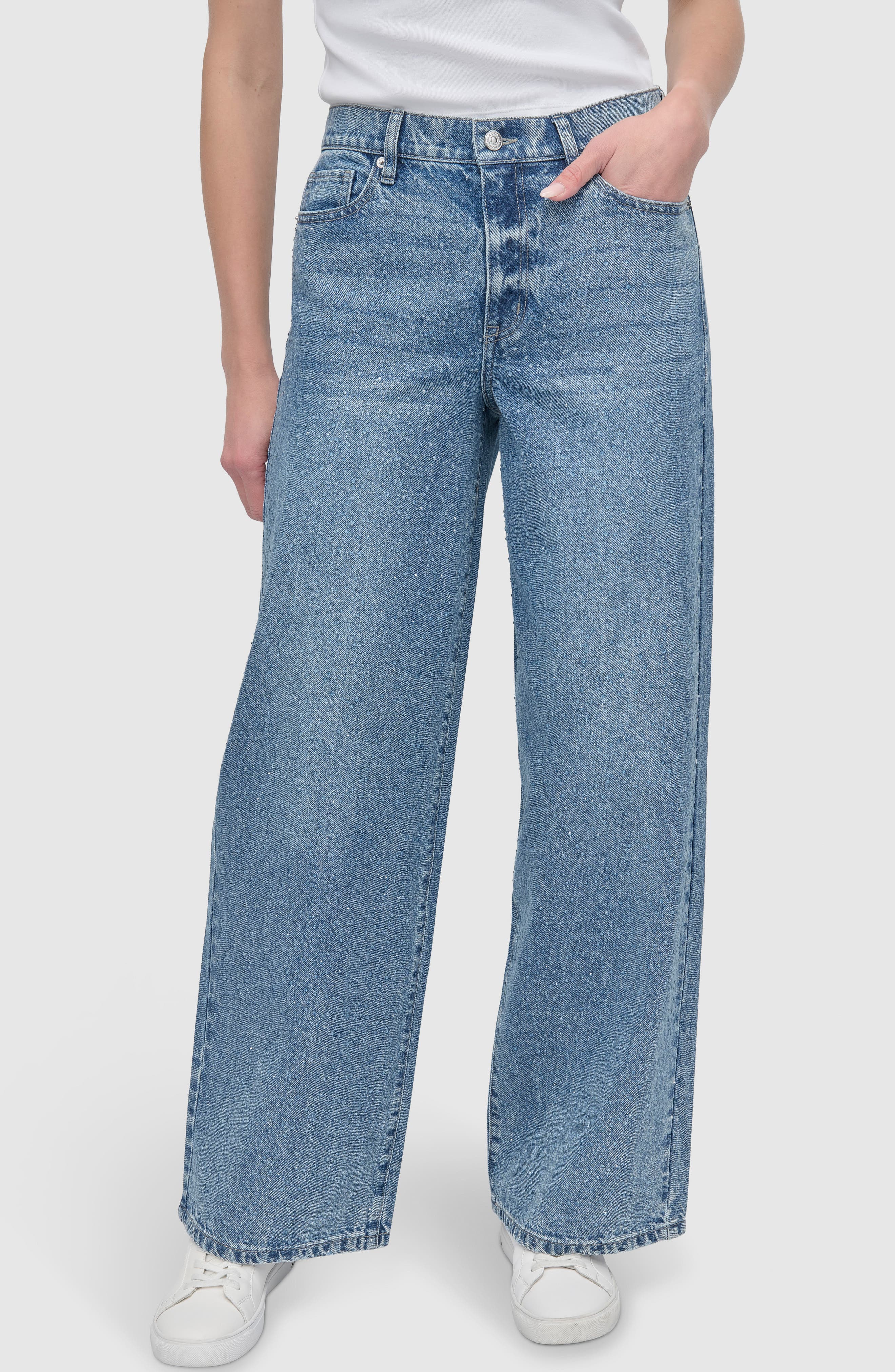 DKNY Jeans Rhinestone Embellished High Waist Wide Leg Jeans