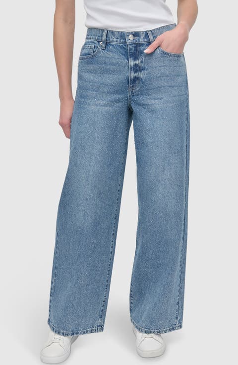 Rhinestone Embellished High Waist Wide Leg Jeans (Cedar Street)
