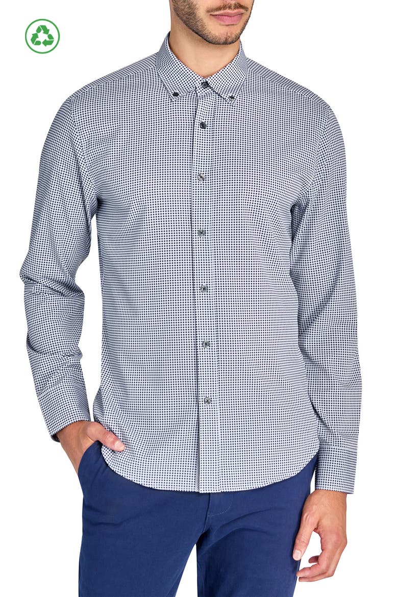 Slim Fit Micro Plaid Recycled 4-Way Stretch Performance Long Sleeve Shirt, Main, color, BLACK