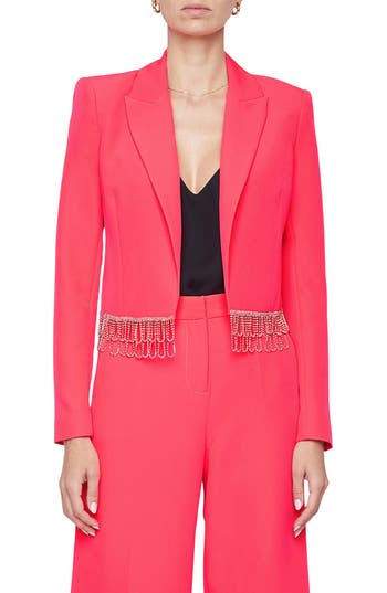 L Agence Jen Womens Crystal Fringe Cropped Open-front Blazer In Neon Coral