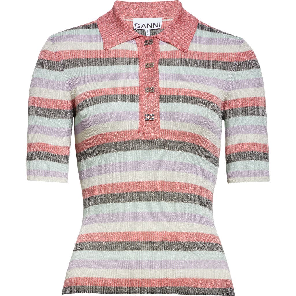 Ganni Womens Multicolour Sparkle-rib Short-sleeve Knitted Polo Shirt In Multicolor