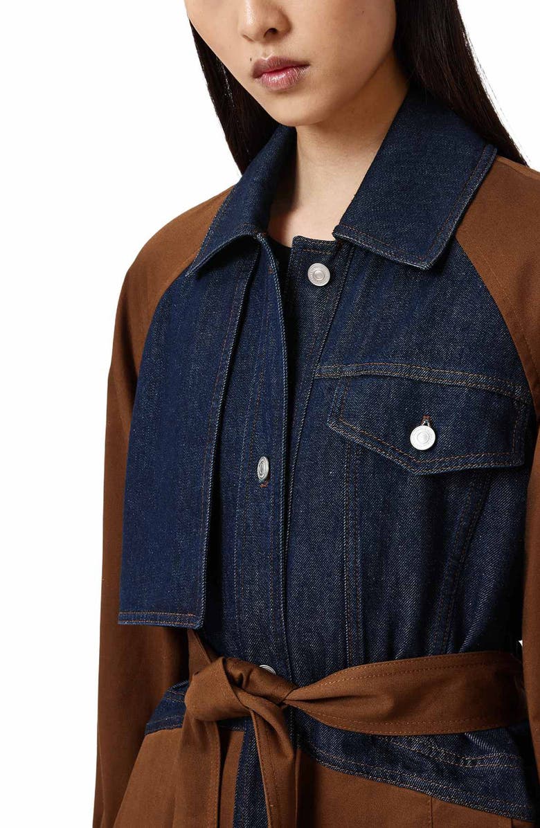 AllSaints Dayly Tie Waist Denim Accent Trench Coat, Alternate, color, Cognac Brown