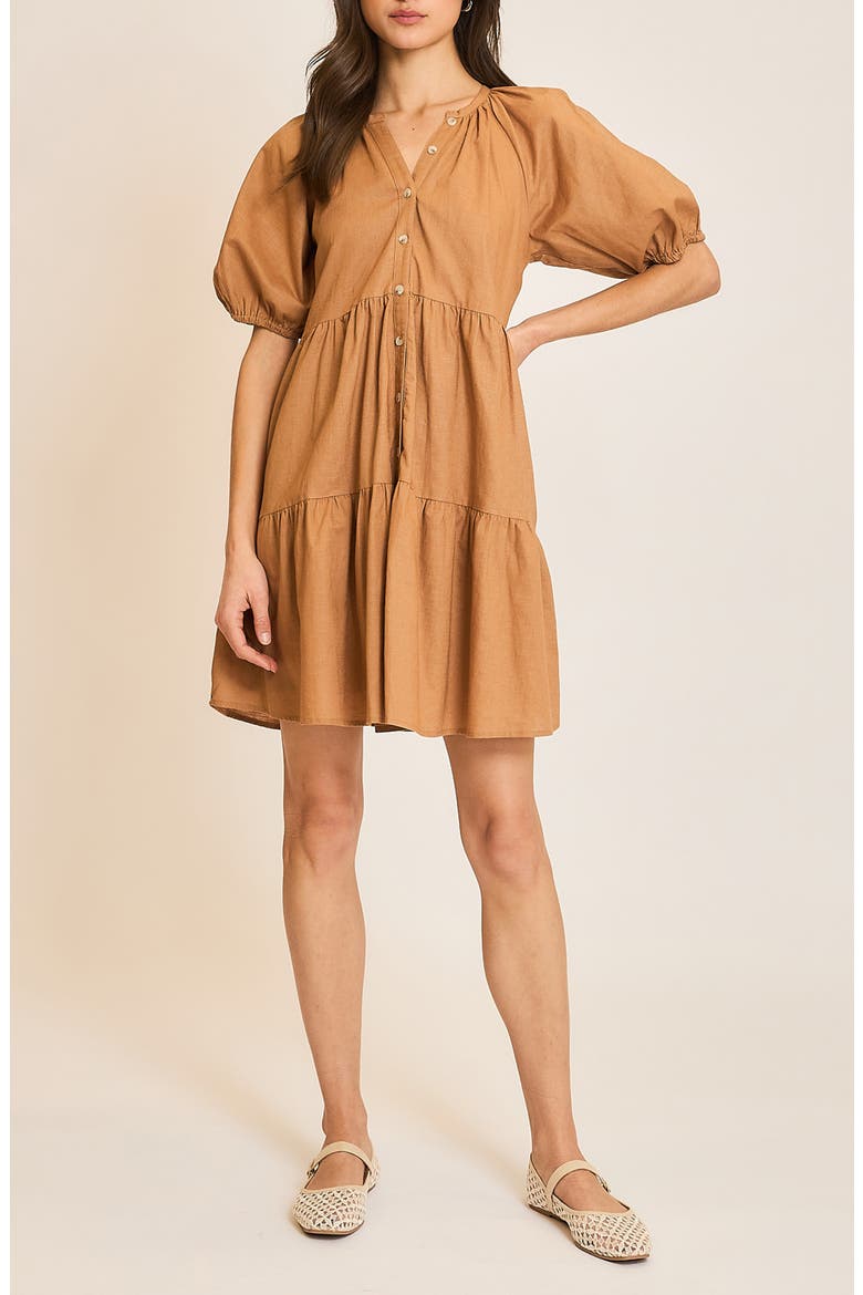 Button Front Tiered Dress, Main, color, CAMEL