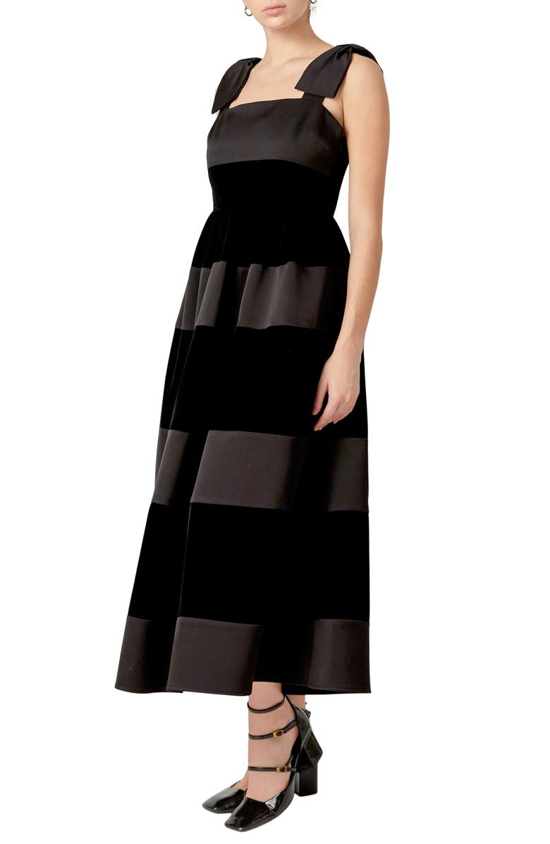 English Factory Bow Shoulder Velvet Contrast Maxi Dress, Alternate, color,