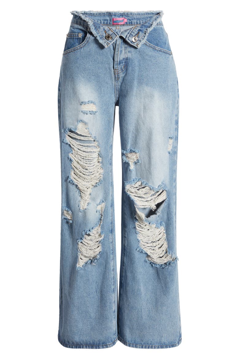 Foldover Low Rise Ripped Boyfriend Jeans, Alternate, color, LIGHT-BLUE