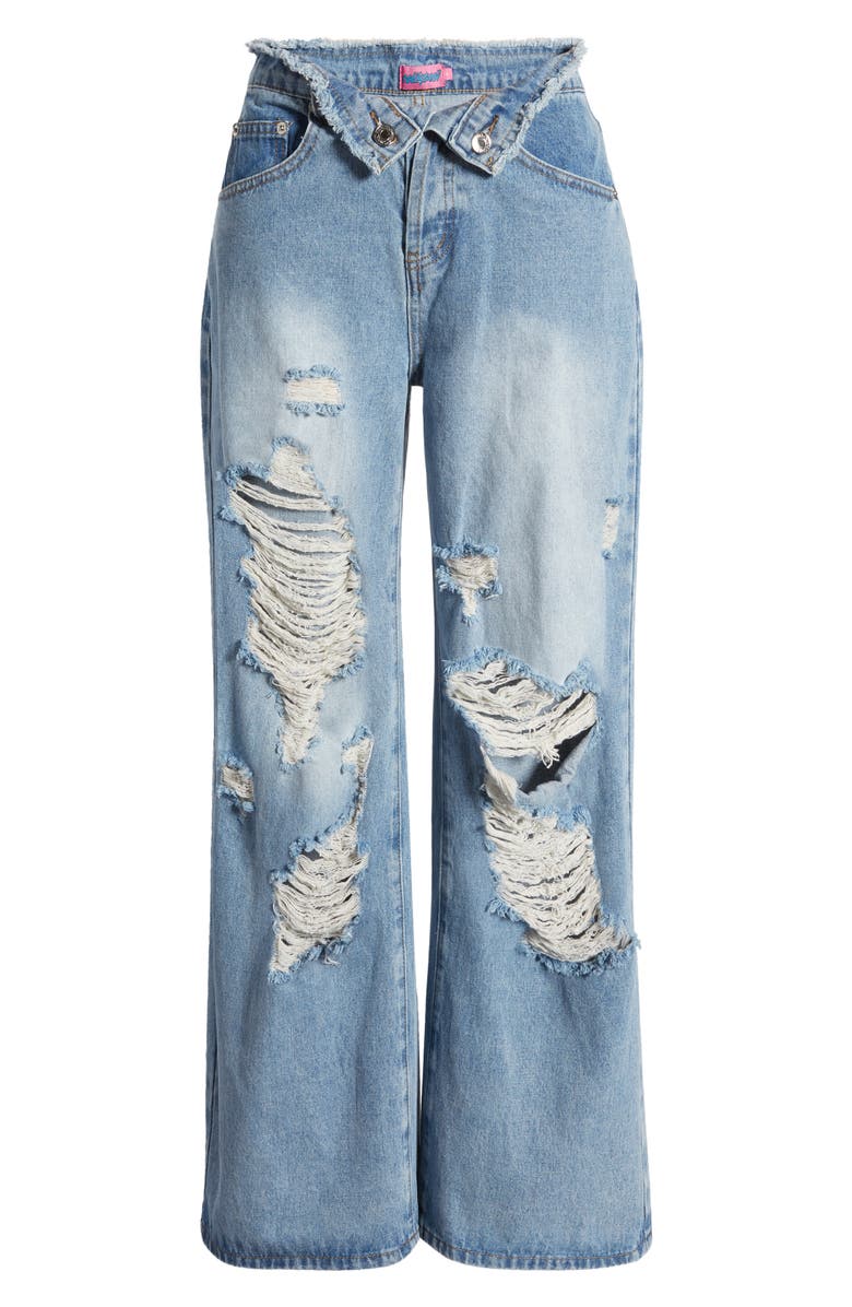 EDIKTED Foldover Low Rise Ripped Boyfriend Jeans, Alternate, color, Light-Blue