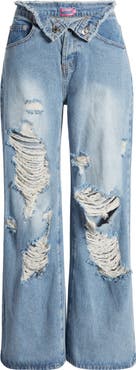 EDIKTED Foldover Low Rise Ripped Boyfriend Jeans