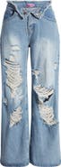 EDIKTED Foldover Low Rise Ripped Boyfriend Jeans