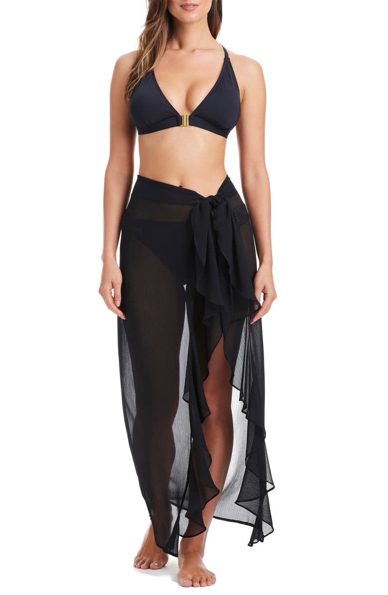 BLEU by Rod Beattie Ruffle Sheer Cover-Up Sarong, Alternate, color, Black