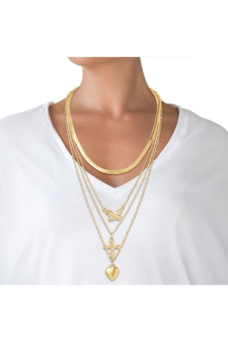 Layered Butterfly, Cross & Heart Pendant Necklace Set, Alternate, color, Gold