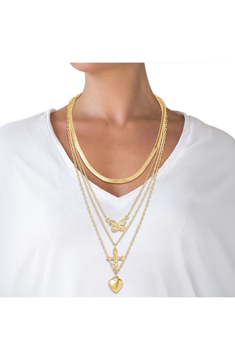 Jessica Simpson Layered Butterfly, Cross & Heart Pendant Necklace Set, Alternate, color, Gold