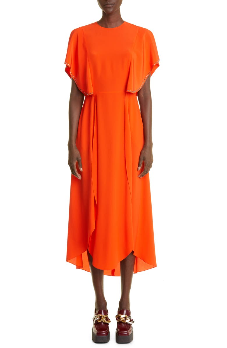 Stella McCartney Embellished Flutter Sleeve Silk Crêpe de Chine High-Low Midi Dress, Main, color, 