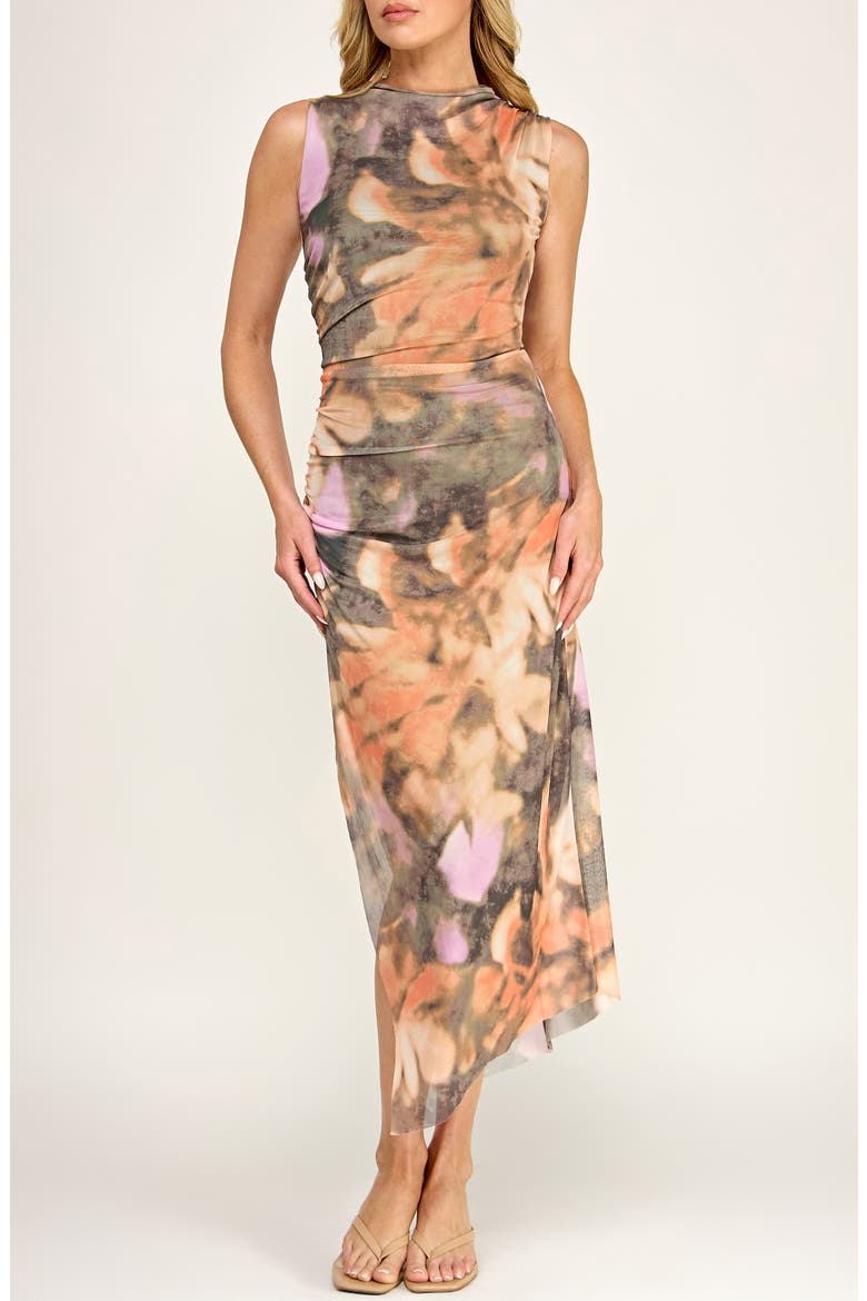 Floral Shirred Mesh Dress, Main, color, BROWN/ RUST