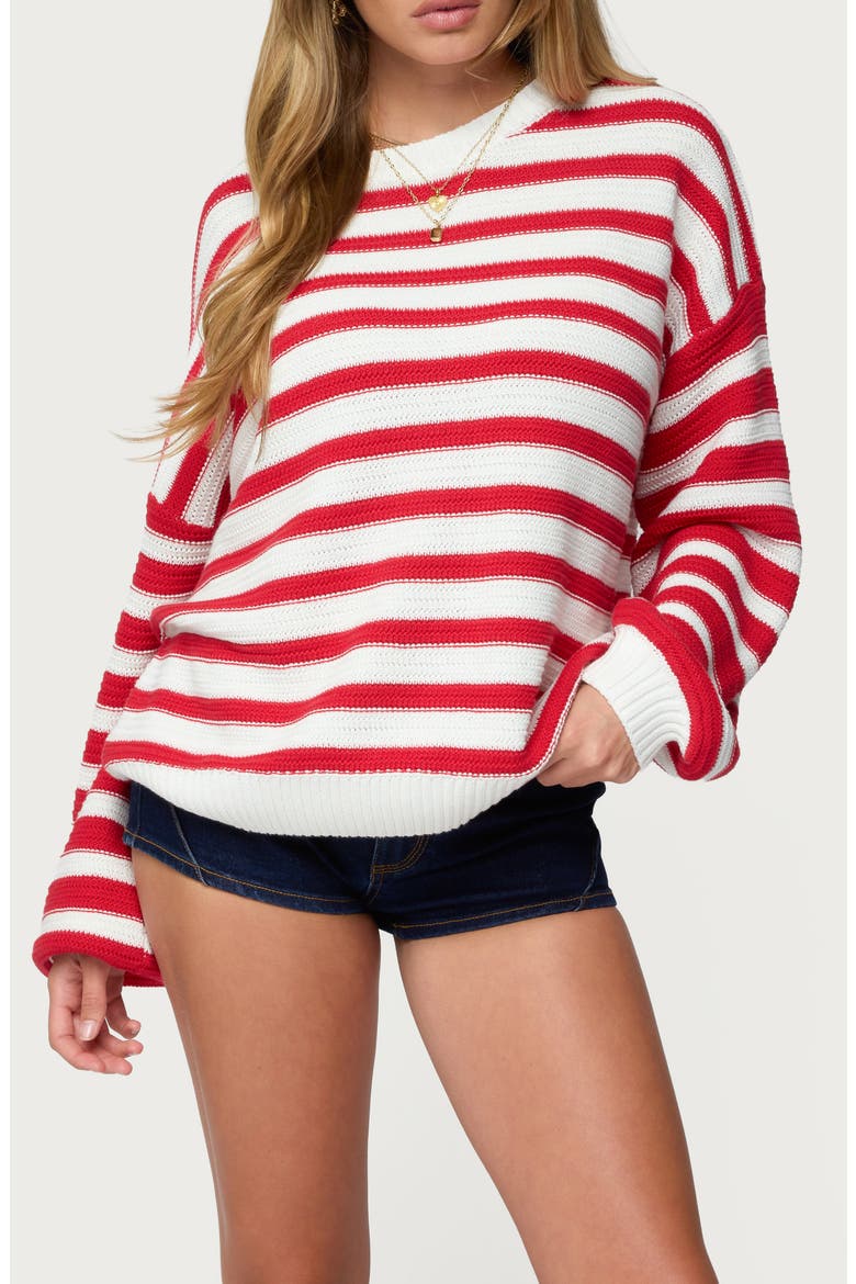 Aerin Oversize Stripe Cotton Sweater, Main, color, RED-AND-CREAM