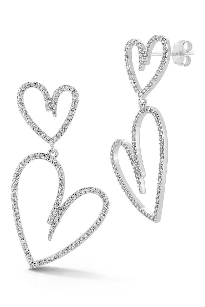 Double Heart Cubic Zirconia Pavé Drop Earrings, Main, color, SILVER
