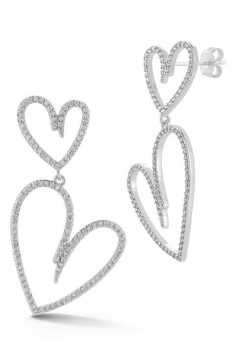 Double Heart Cubic Zirconia Pavé Drop Earrings