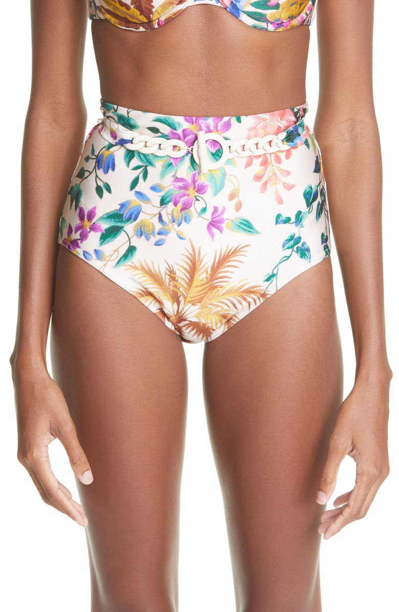 Zimmermann Tropicana Floral High Waist Bikini Bottoms, Main, color, 