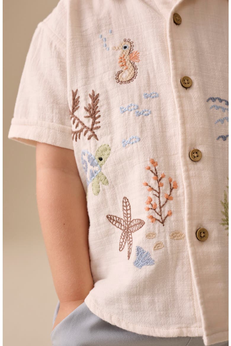 Kids' Embroidered Short Sleeve Cotton Button-Up Shirt, Alternate, color, NEUTRAL