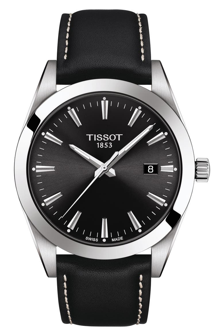 T-Classic Gentleman Leather Strap Watch, 40mm, Main, color, BLACK/ SILVER