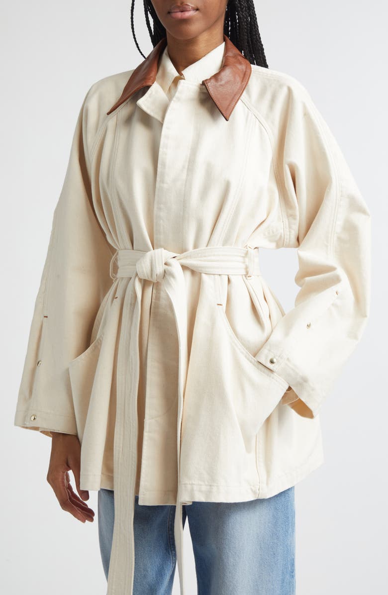 OSSOU Sweep Belted Denim Jacket with Denim Collar, Alternate, color, Buff Wash