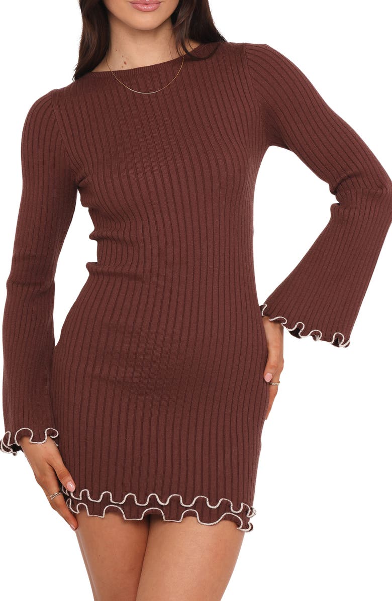 Petal & Pup Jovan Long Sleeve Knit Minidress, Main, color, Mocha/ Beige