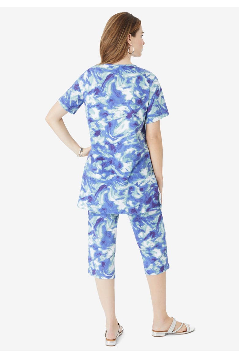Plus Size 2-Piece Printed Henley Top And Capri Set, Alternate, color, BLACK HOT TROPICS