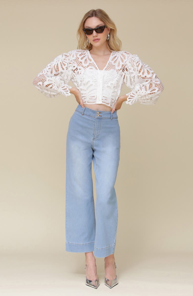 Avec Les Filles Lace Puff Sleeve Crop Shirt, Alternate, color, White