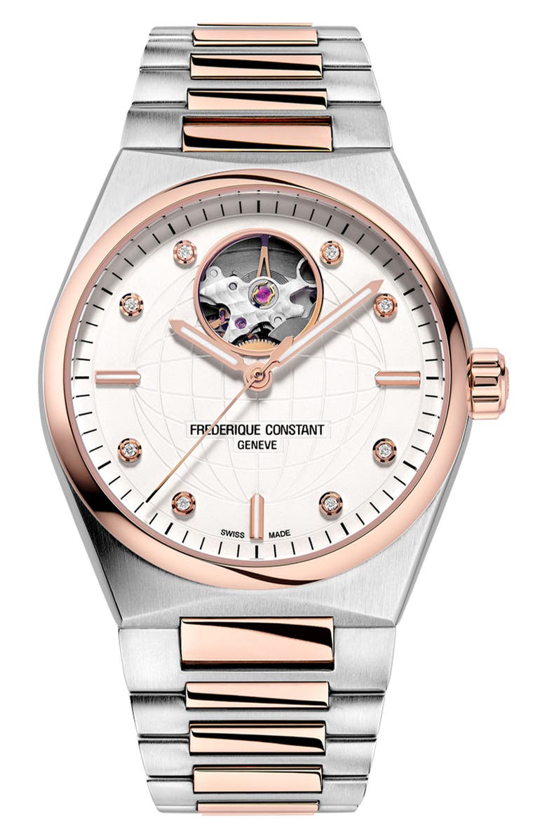 FREDERIQUE CONSTANT Highlife Heart Beat Two-Tone Diamond Automatic Bracelet Strap Watch, 34mm, Main, color,